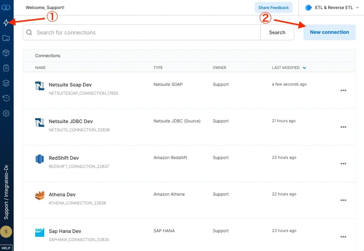 Connections page with New connection button