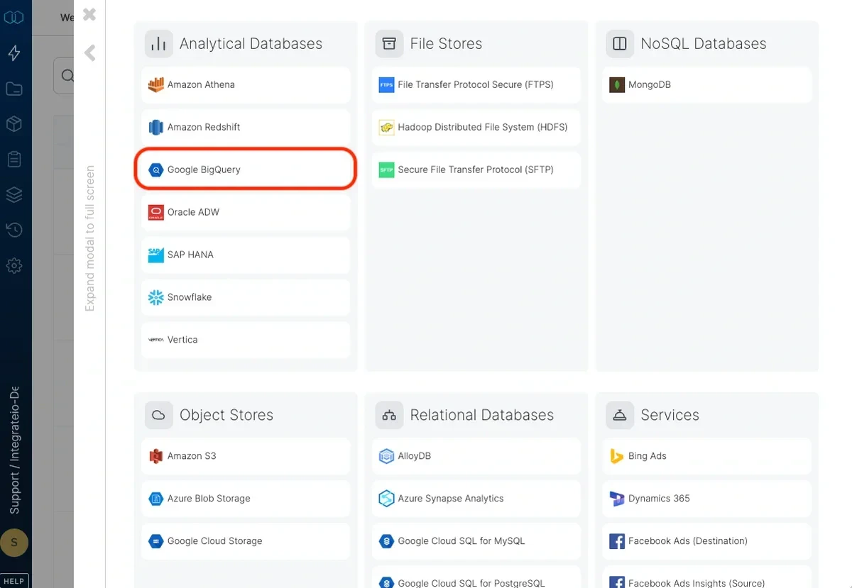 Selecting Google BigQuery from the connection type list