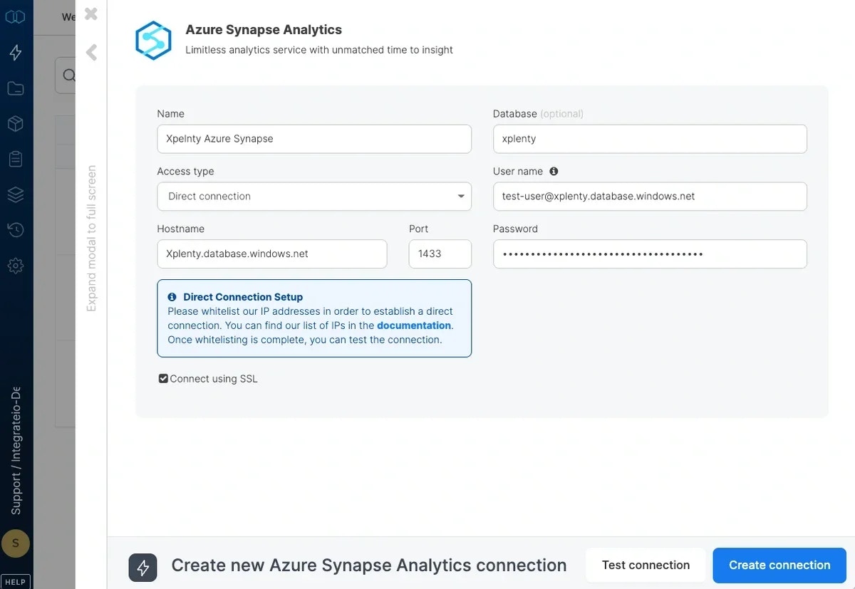 Completed Azure SQL connection configuration form