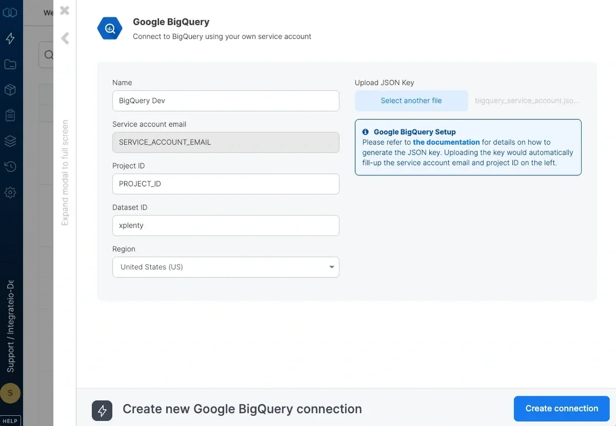 BigQuery connection form with Dataset ID, region, and JSON key upload