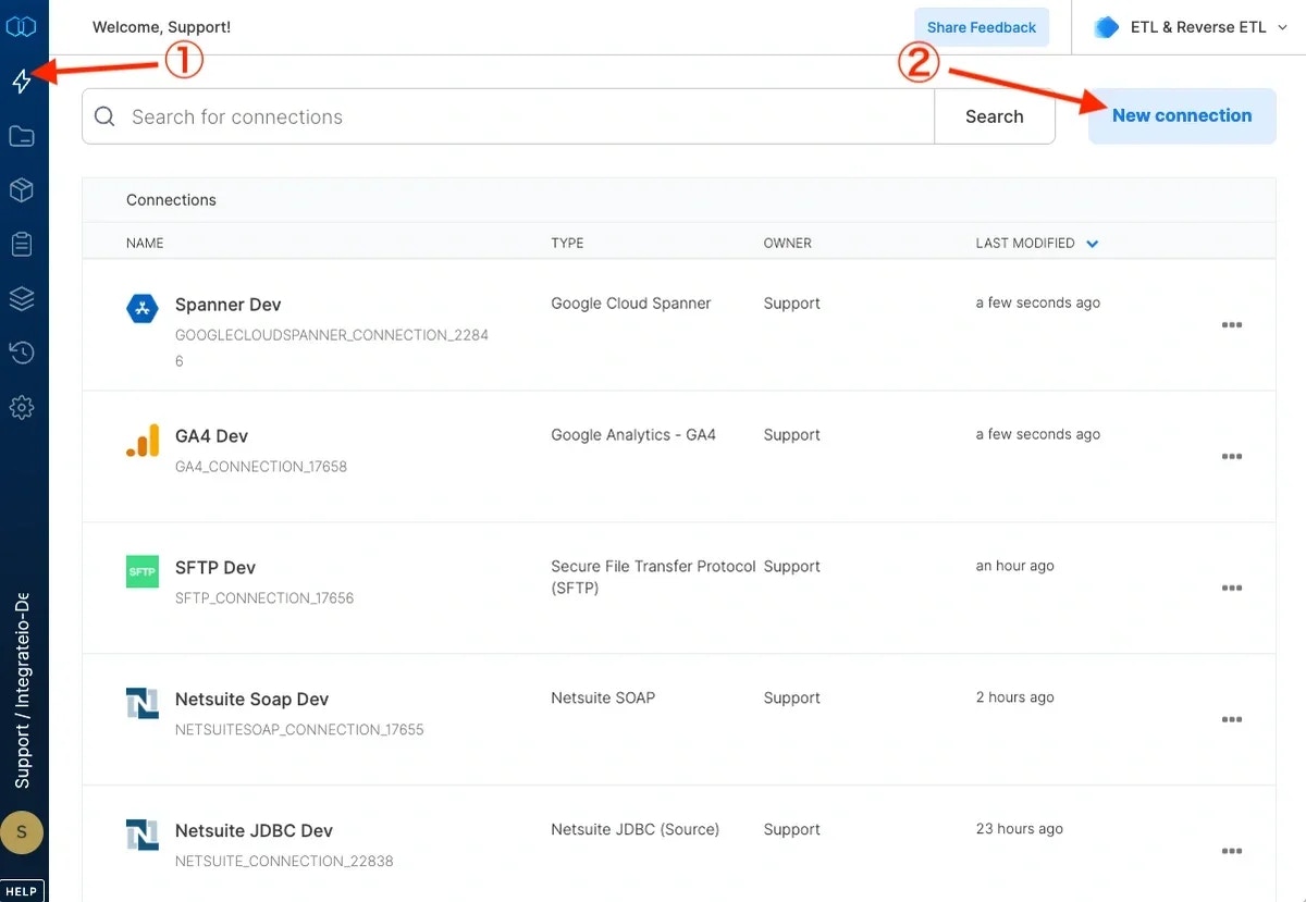 New connection button in the Connections menu