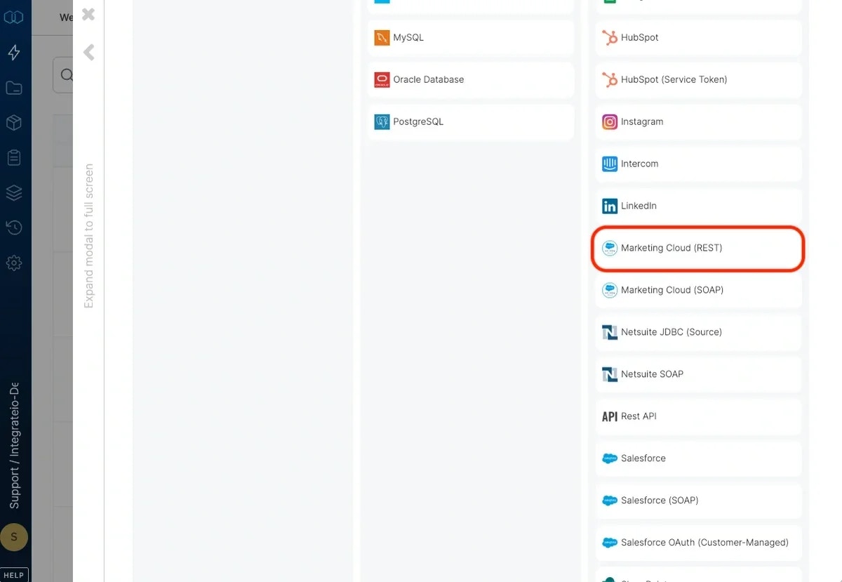 Selecting Marketing Cloud REST from the connection type list