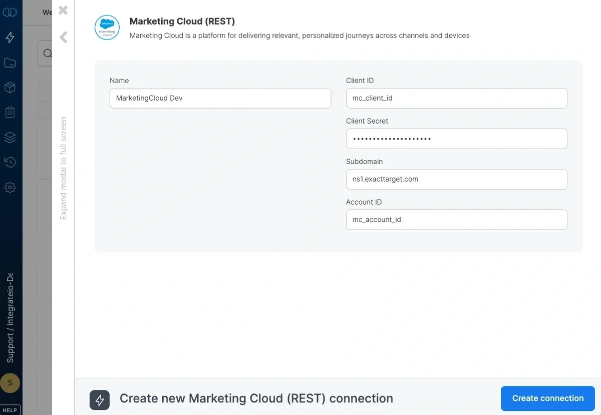 Marketing Cloud REST connection form with credential fields
