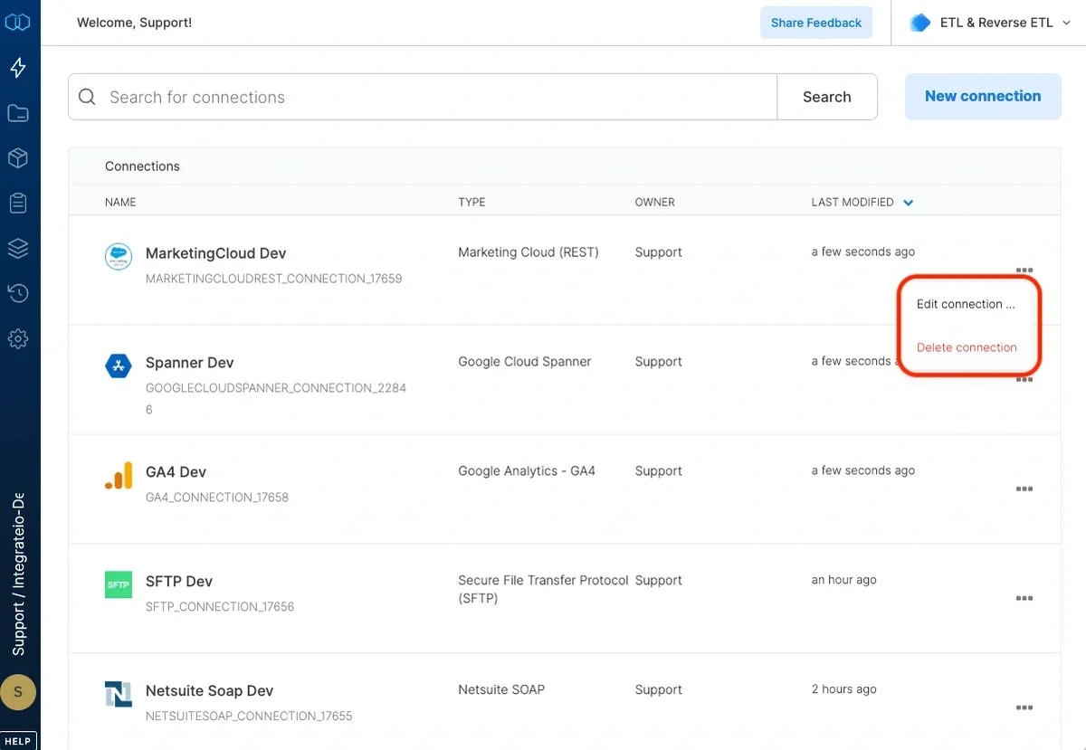 Delete connection option in the connection listing menu