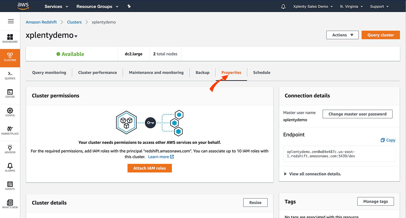Redshift cluster Properties tab in the AWS console