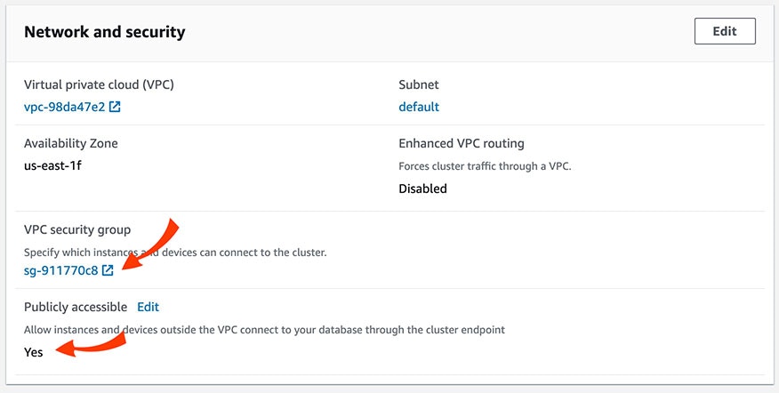 Network and Security section with Publicly Accessible setting and VPC Security Group