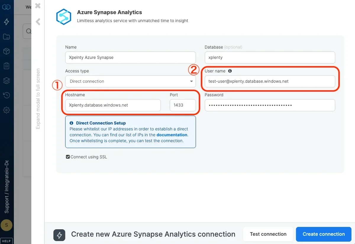 Completed Azure Synapse Analytics connection configuration form