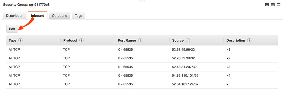 Inbound rules with IP address entries for Integrate.io access