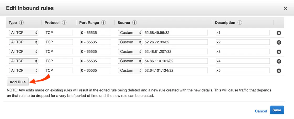 Adding a new inbound rule with database type and Redshift port