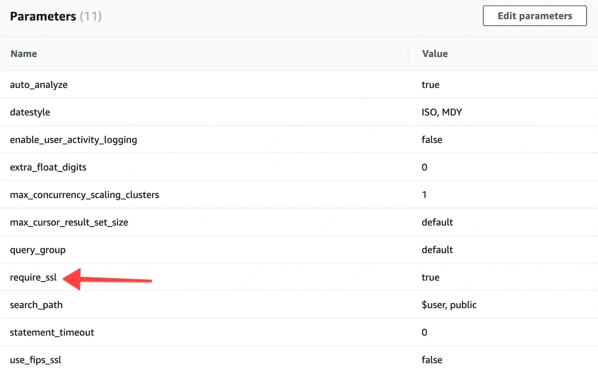 Redshift parameter group with require_ssl set to true