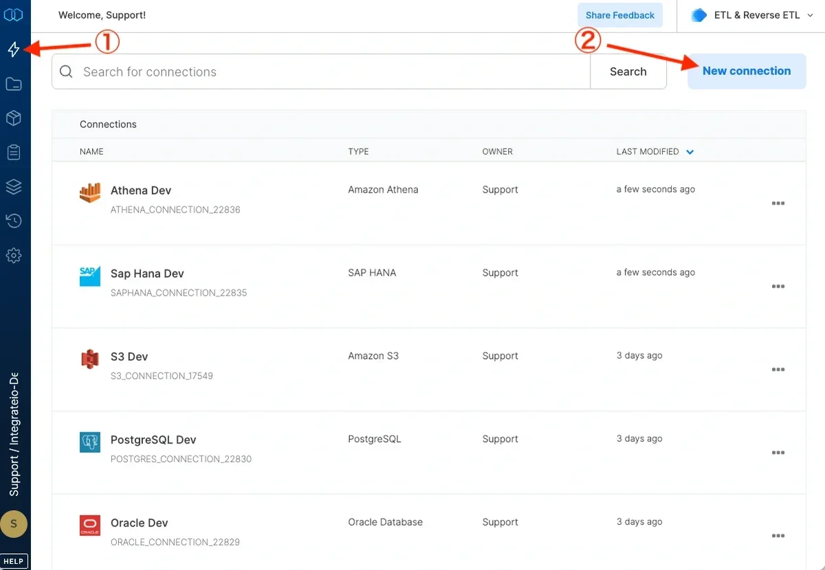 Connections page with New connection button