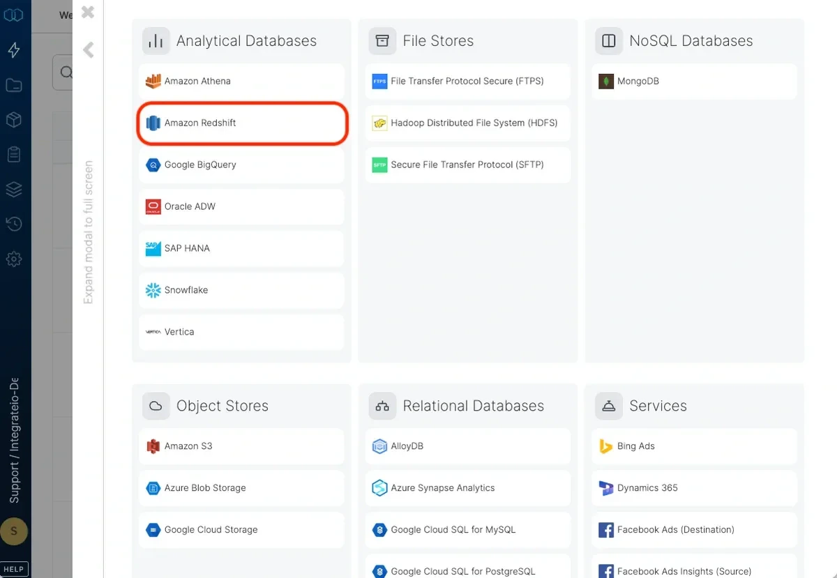 Selecting Amazon Redshift from the Analytical Database category