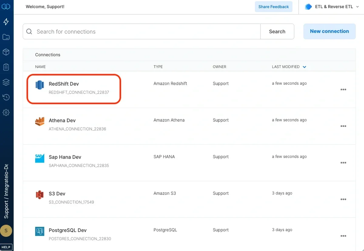 Newly created Redshift connection in the connections list
