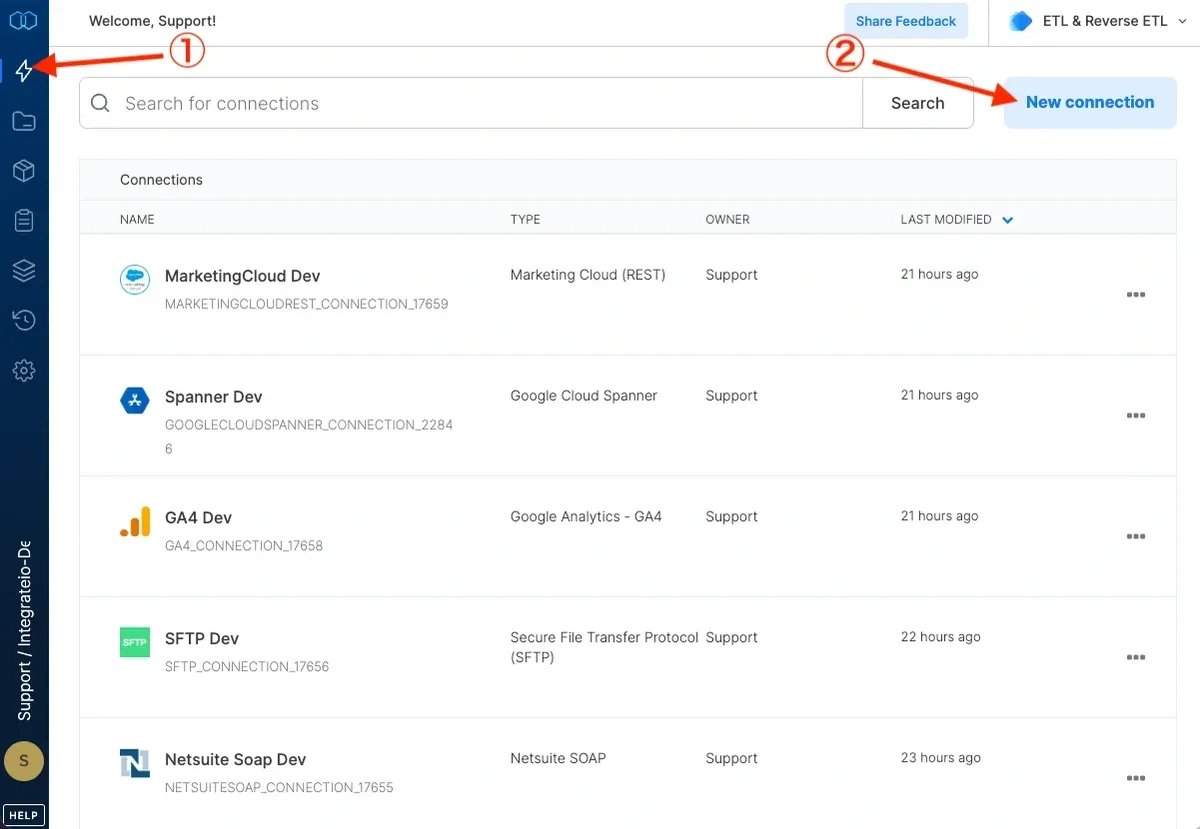 Connections page with New connection button