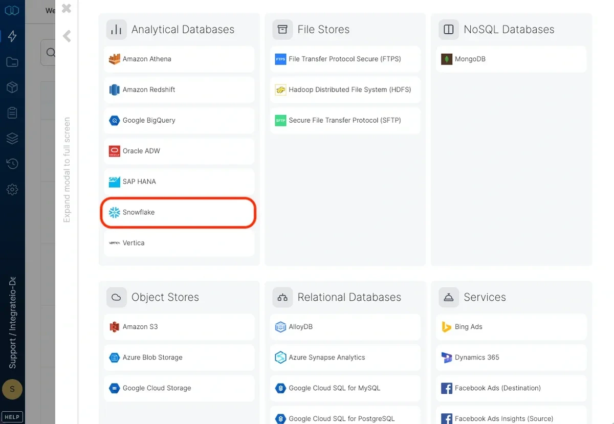Selecting Snowflake from the connection type list