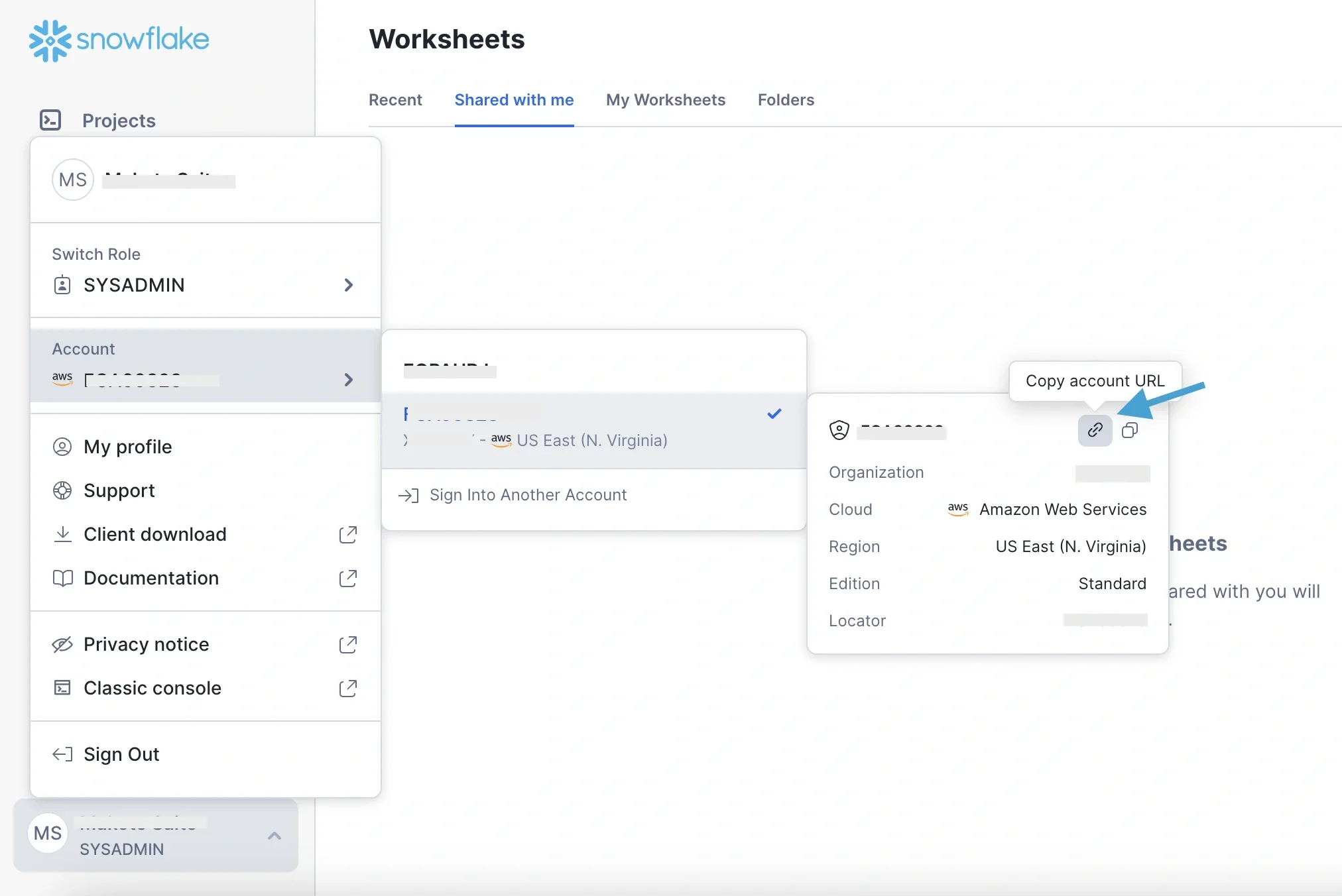 Snowsight interface showing Copy account URL option