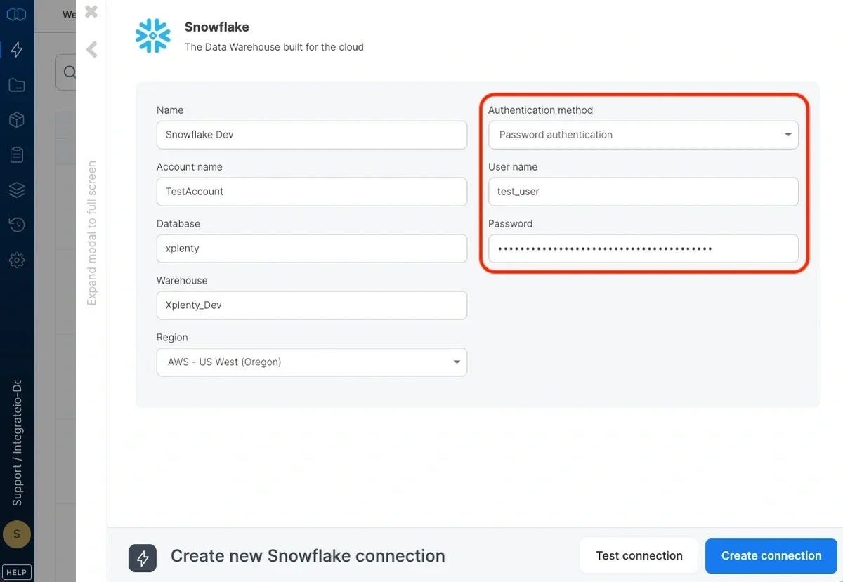 Password authentication option in Snowflake connection form
