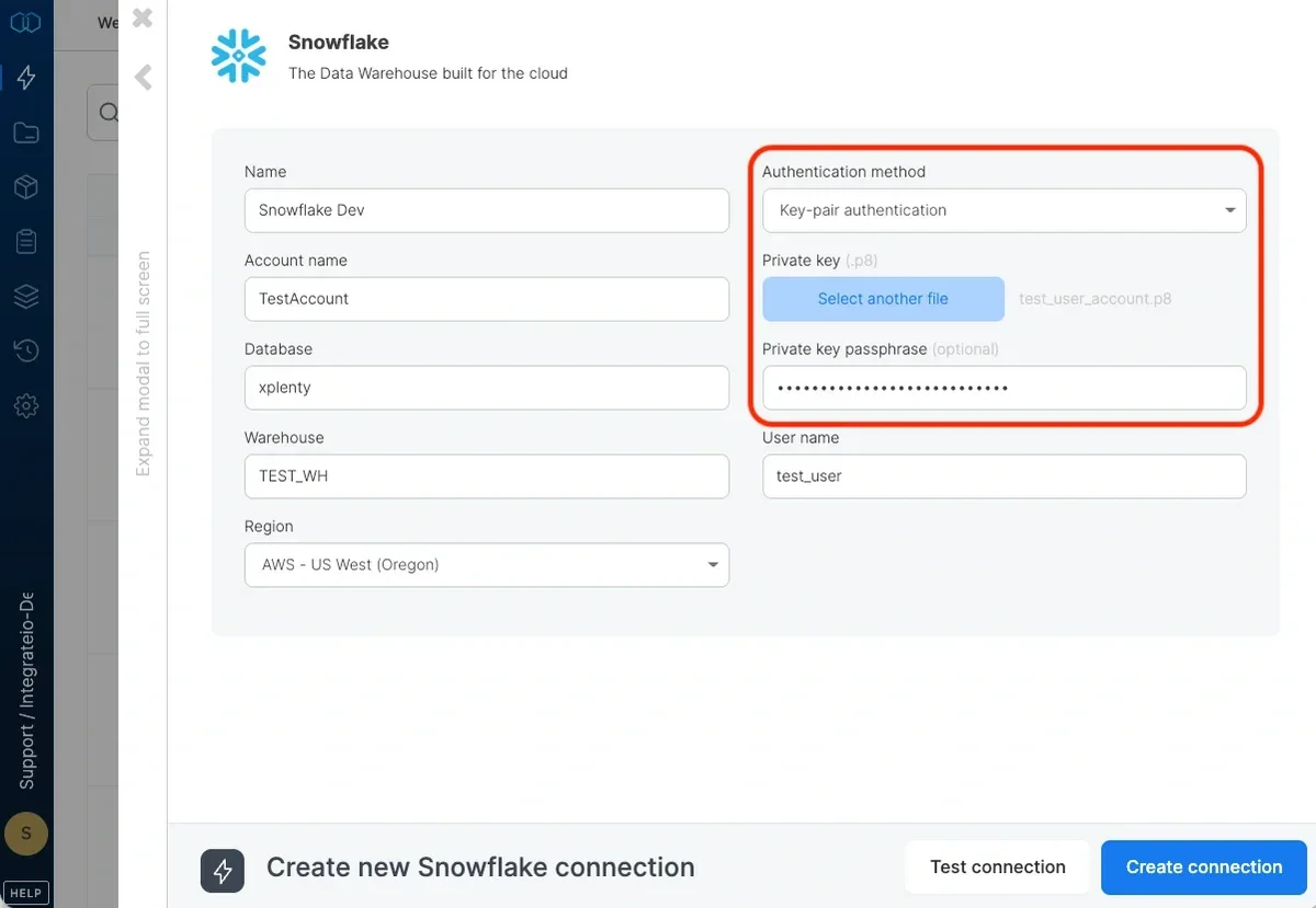 Key-pair authentication with private key upload field