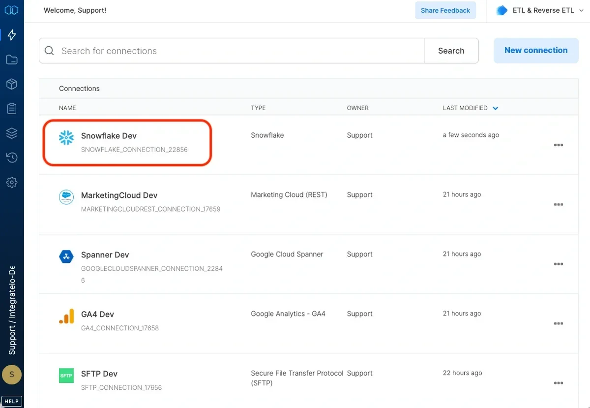 Snowflake connection with database, warehouse, and region fields