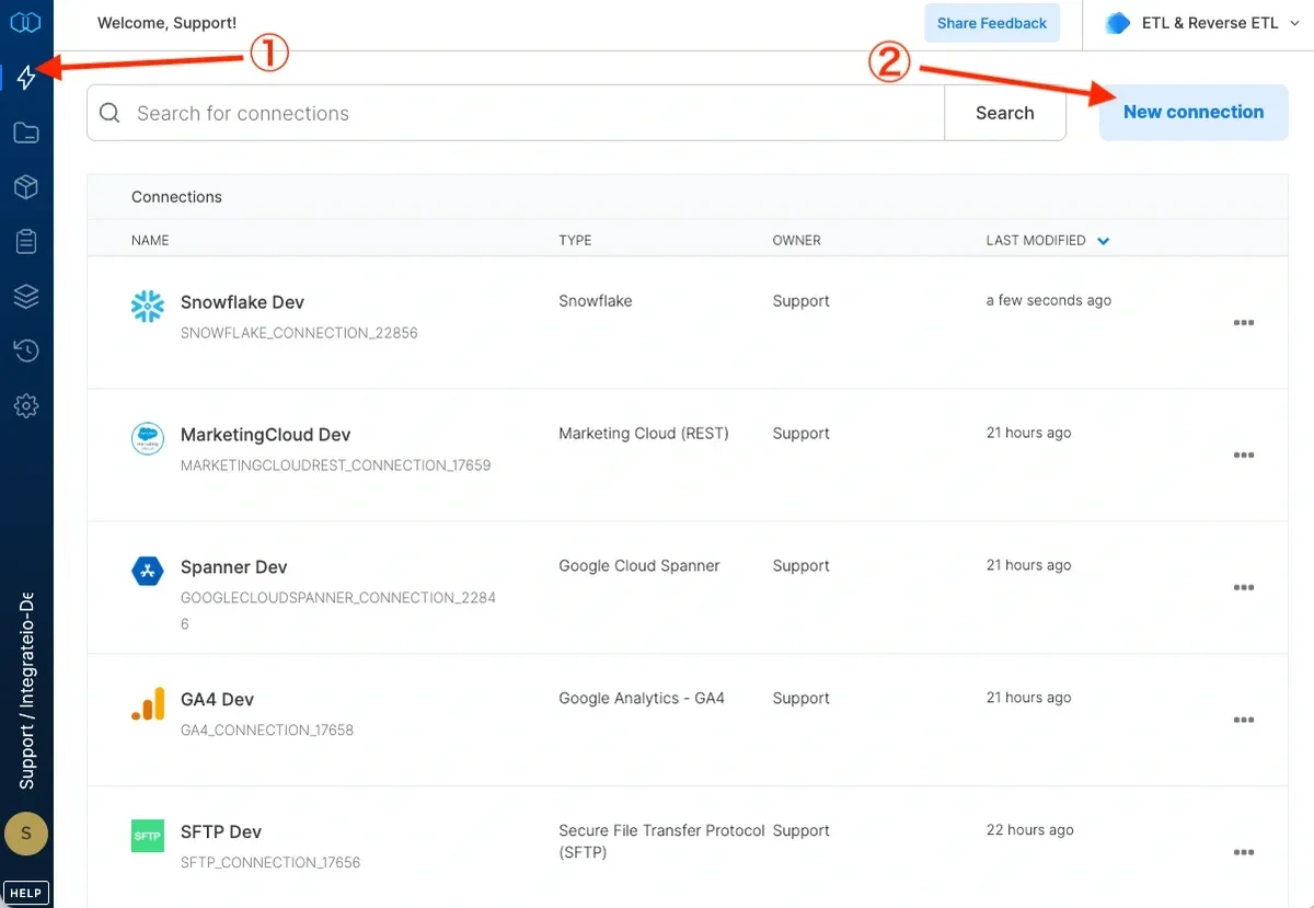 Connections page with New connection button