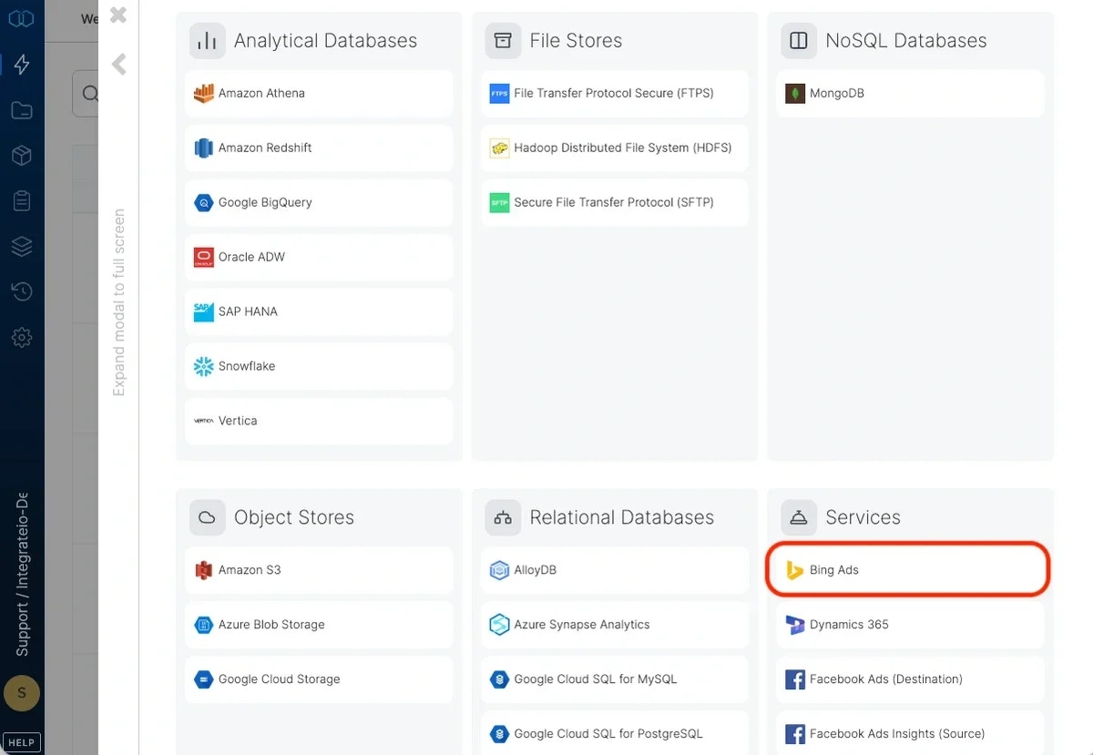 Selecting Bing Ads from the connection type list