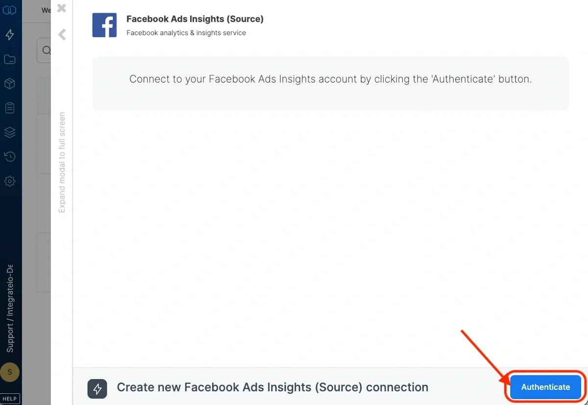 Facebook Ads Insights connection with Authenticate button