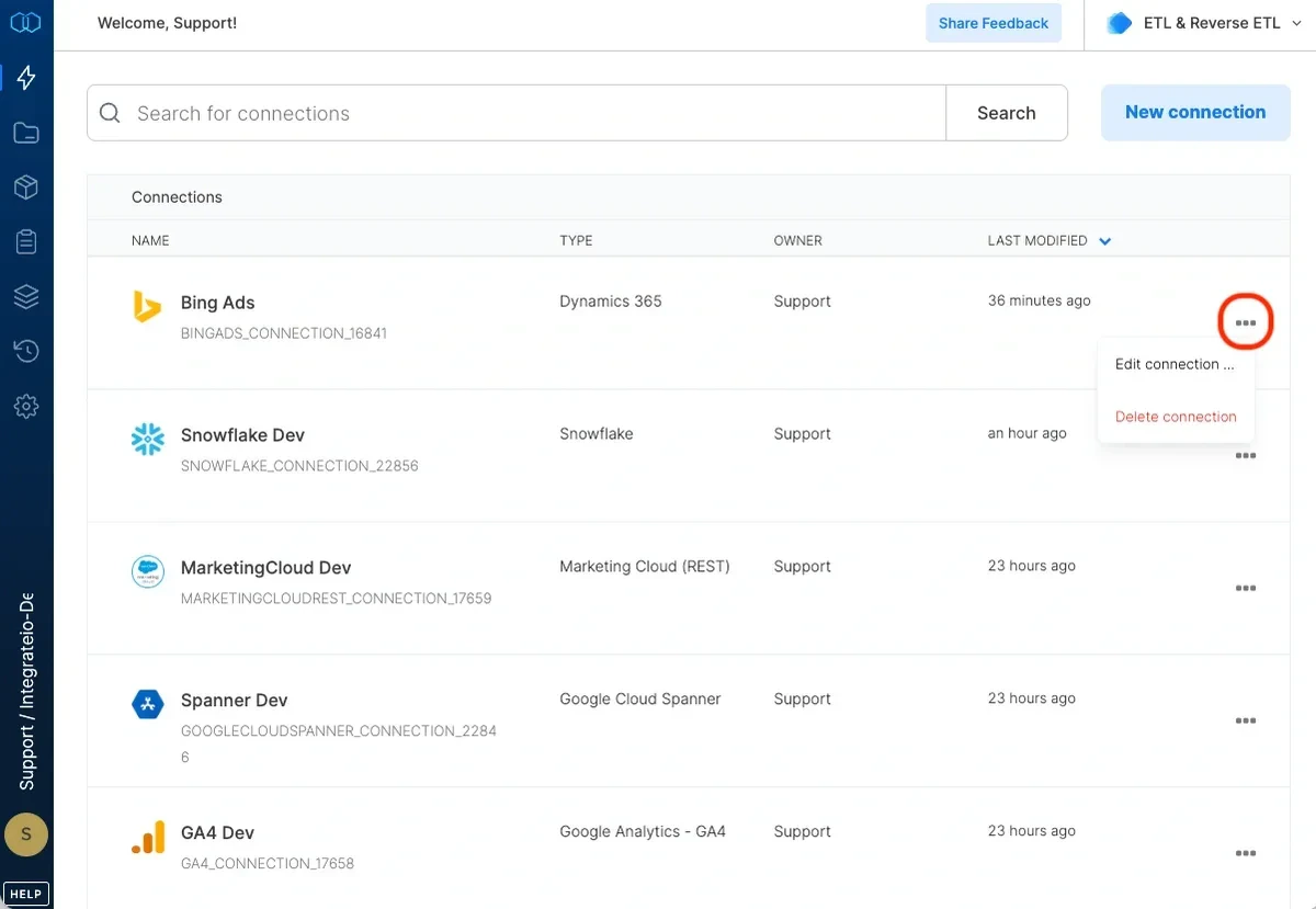 Delete connection option for Bing Ads