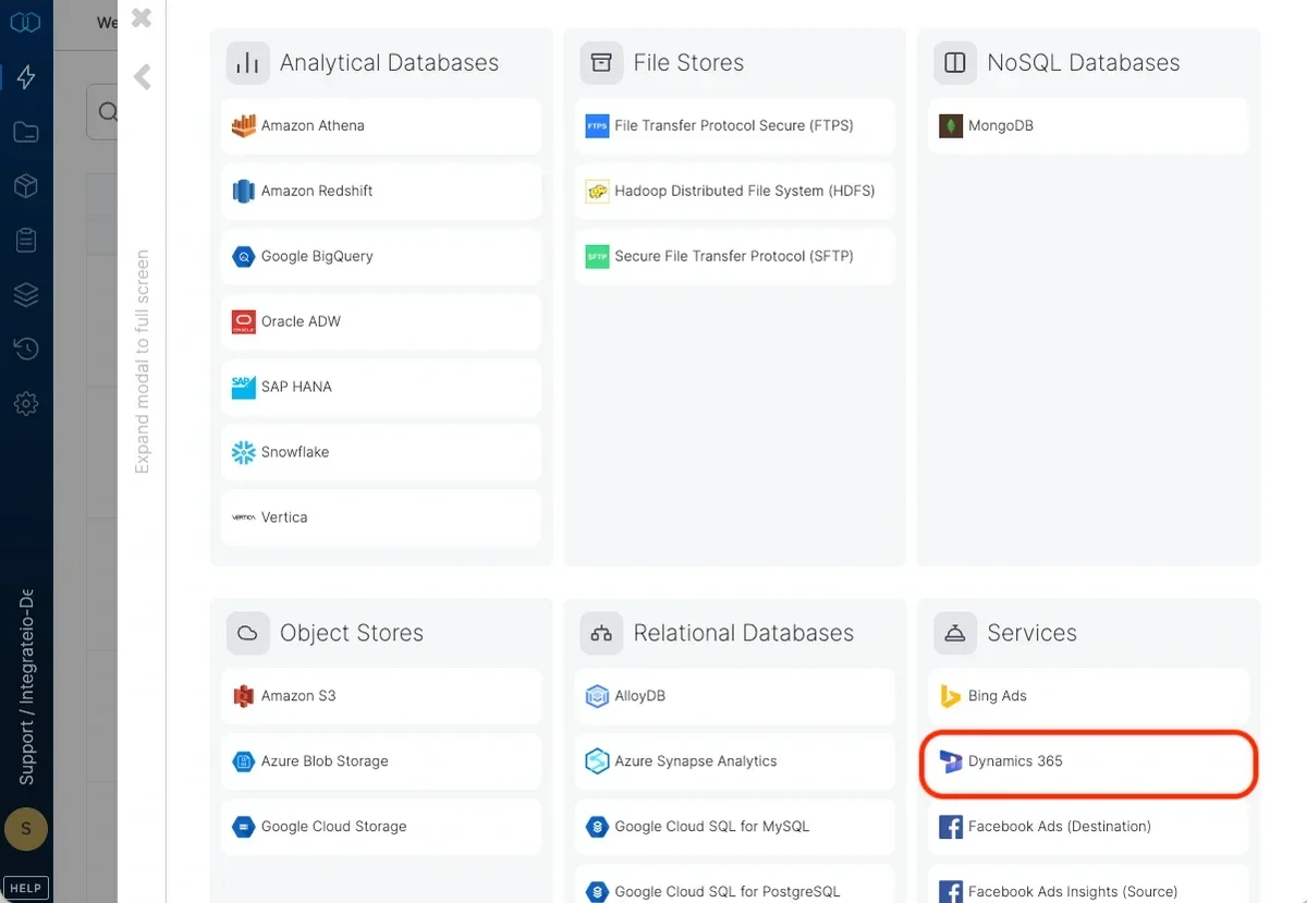 Selecting Dynamics 365 from the connection type list