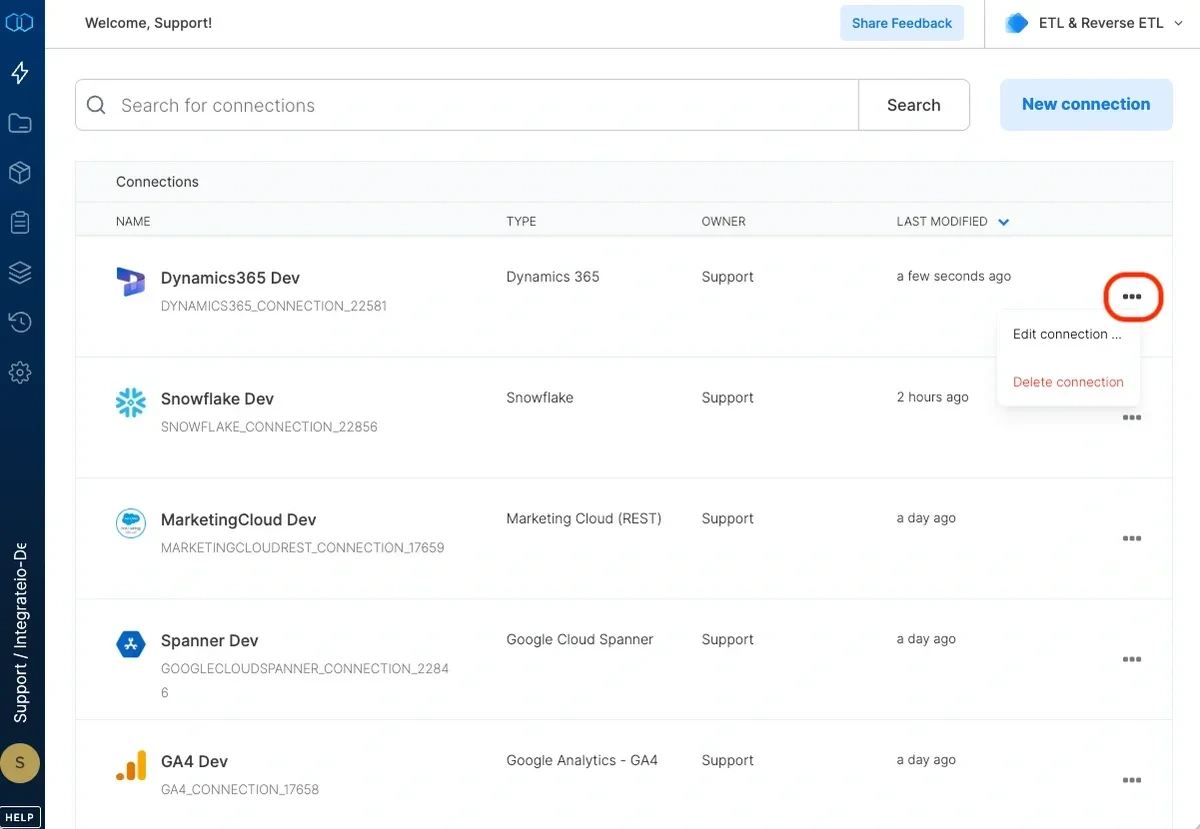 Delete connection option in the connection listing menu