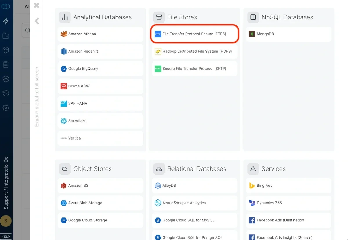 Selecting FTPS from the connection type list