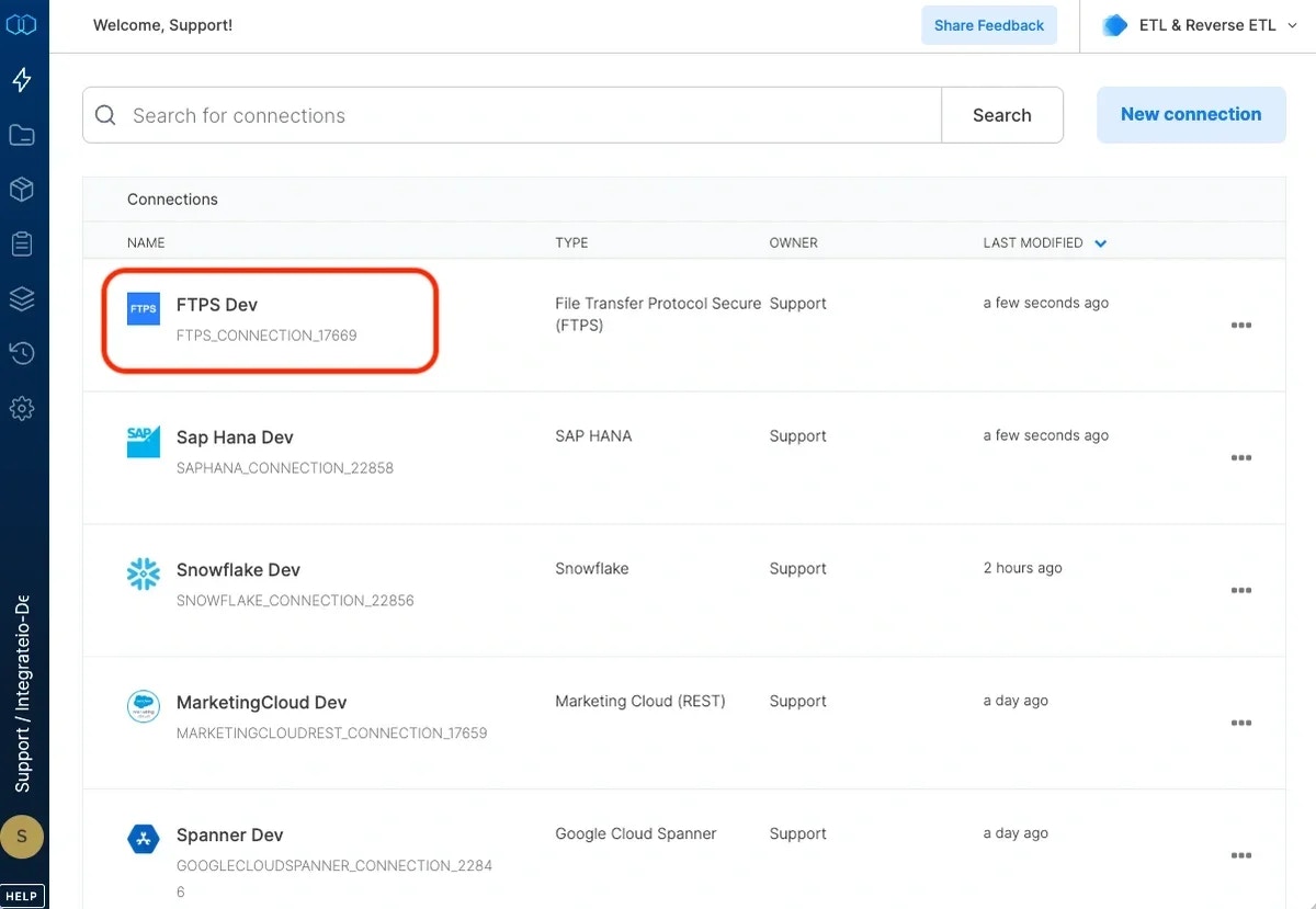 FTPS connection created and listed in connections