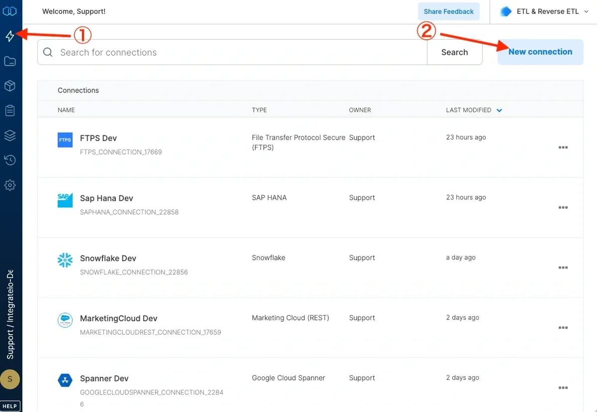 Connections page with New connection button