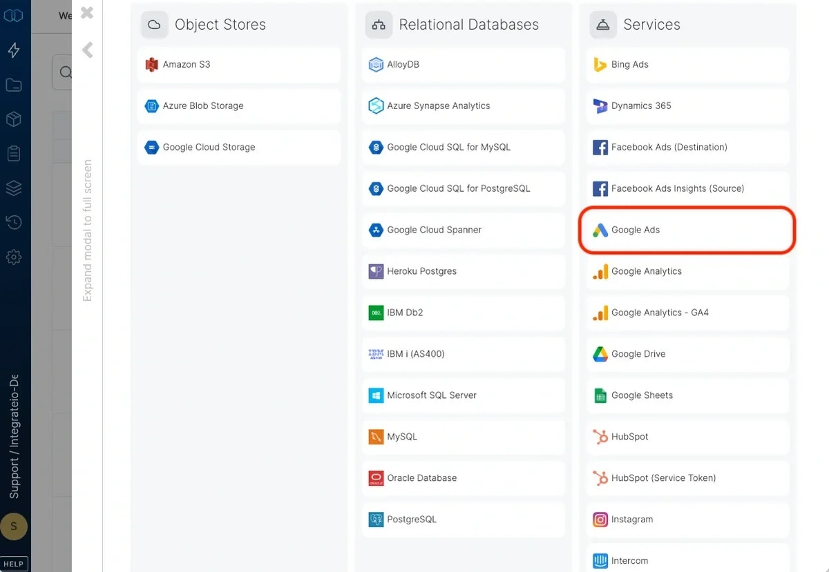 Selecting Google Ads from the connection type list