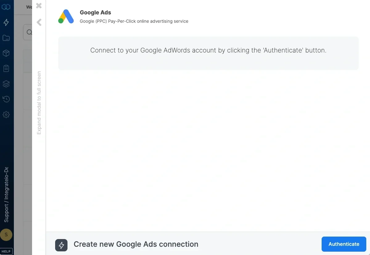 Google Ads connection dialog with Authenticate button