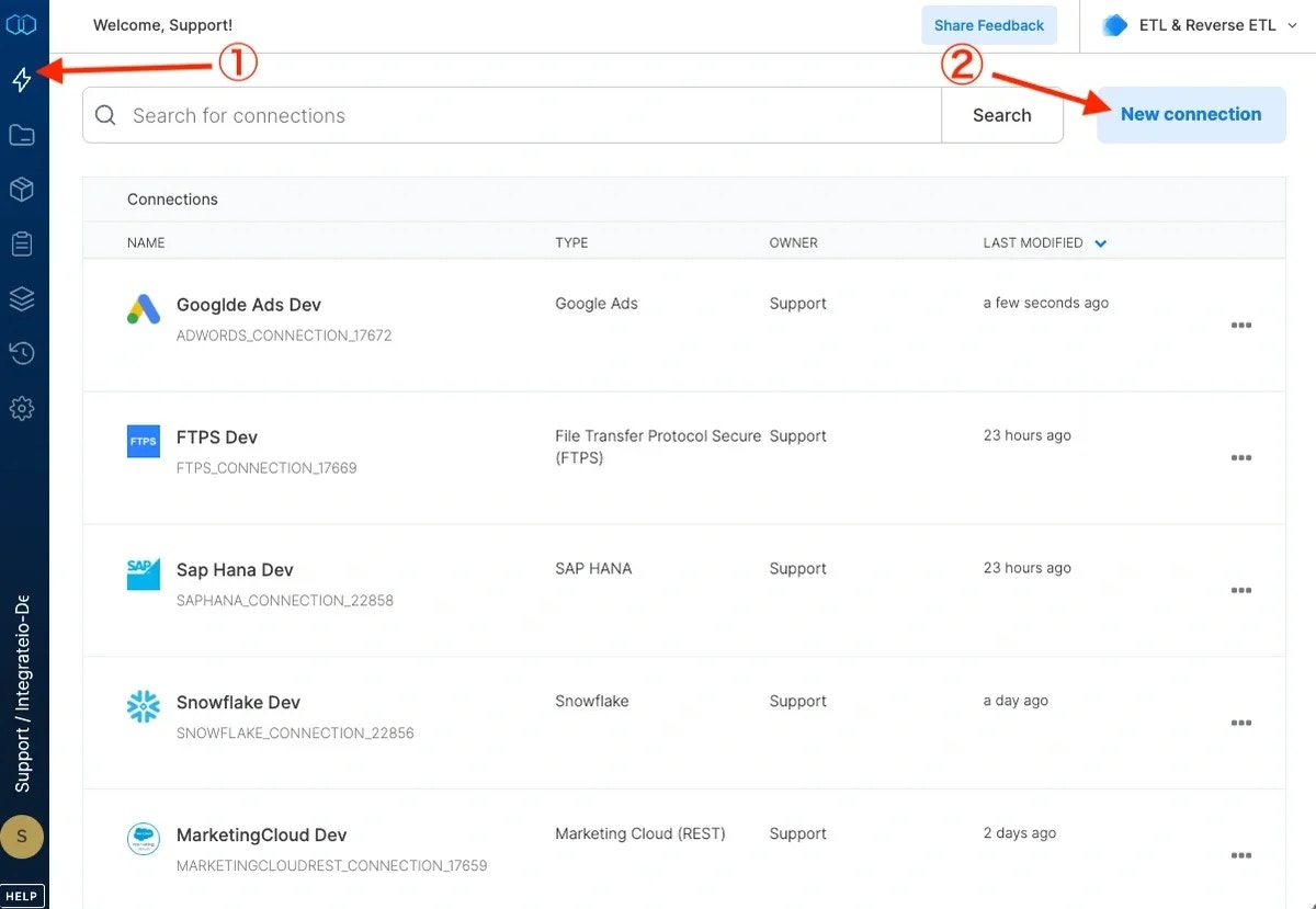 Connections page with New connection button