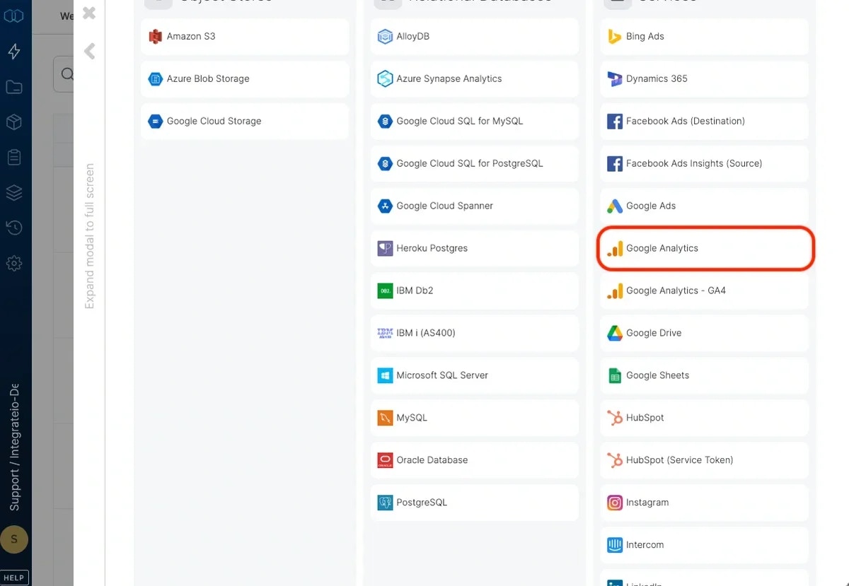 Selecting Google Analytics from the connection type list