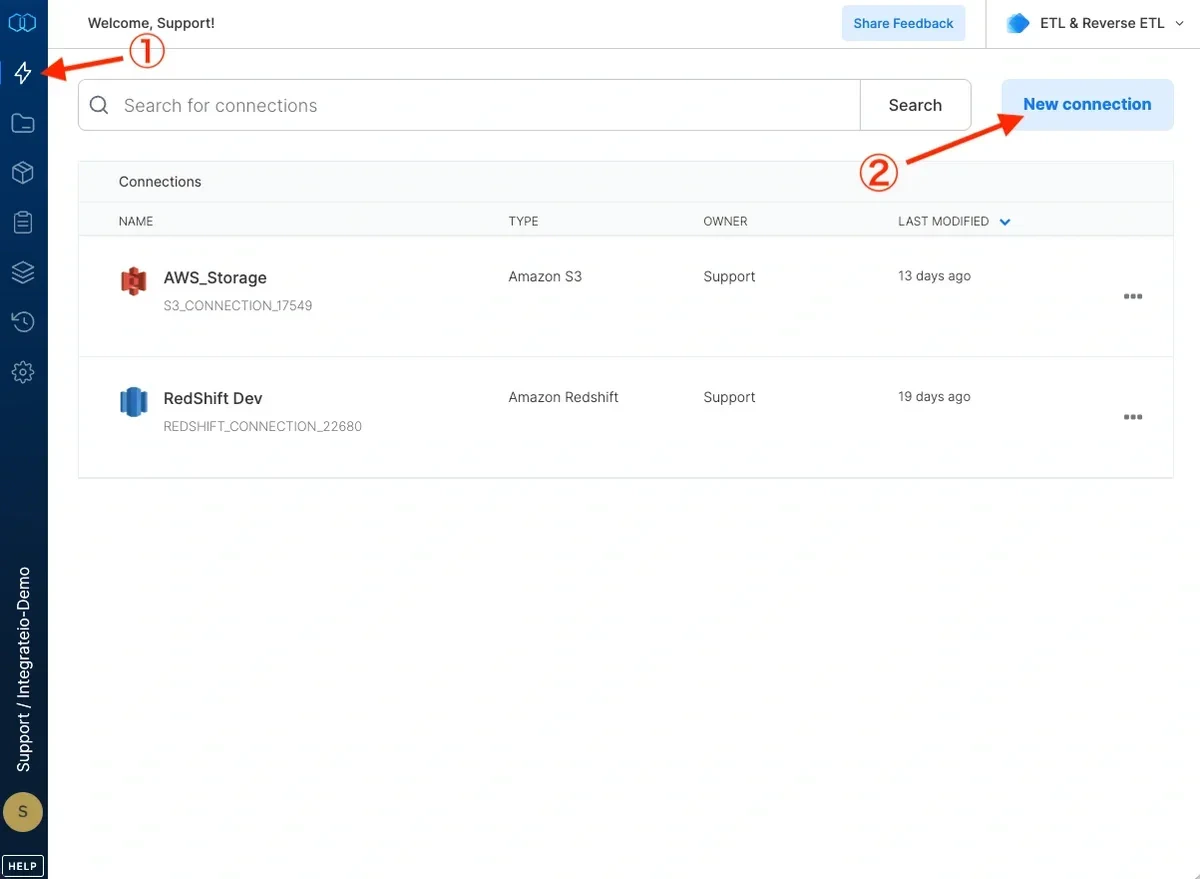 New connection button in the Connections page
