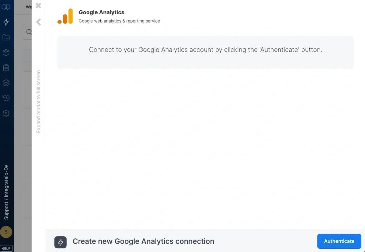 Google Analytics connection dialog with Authenticate button