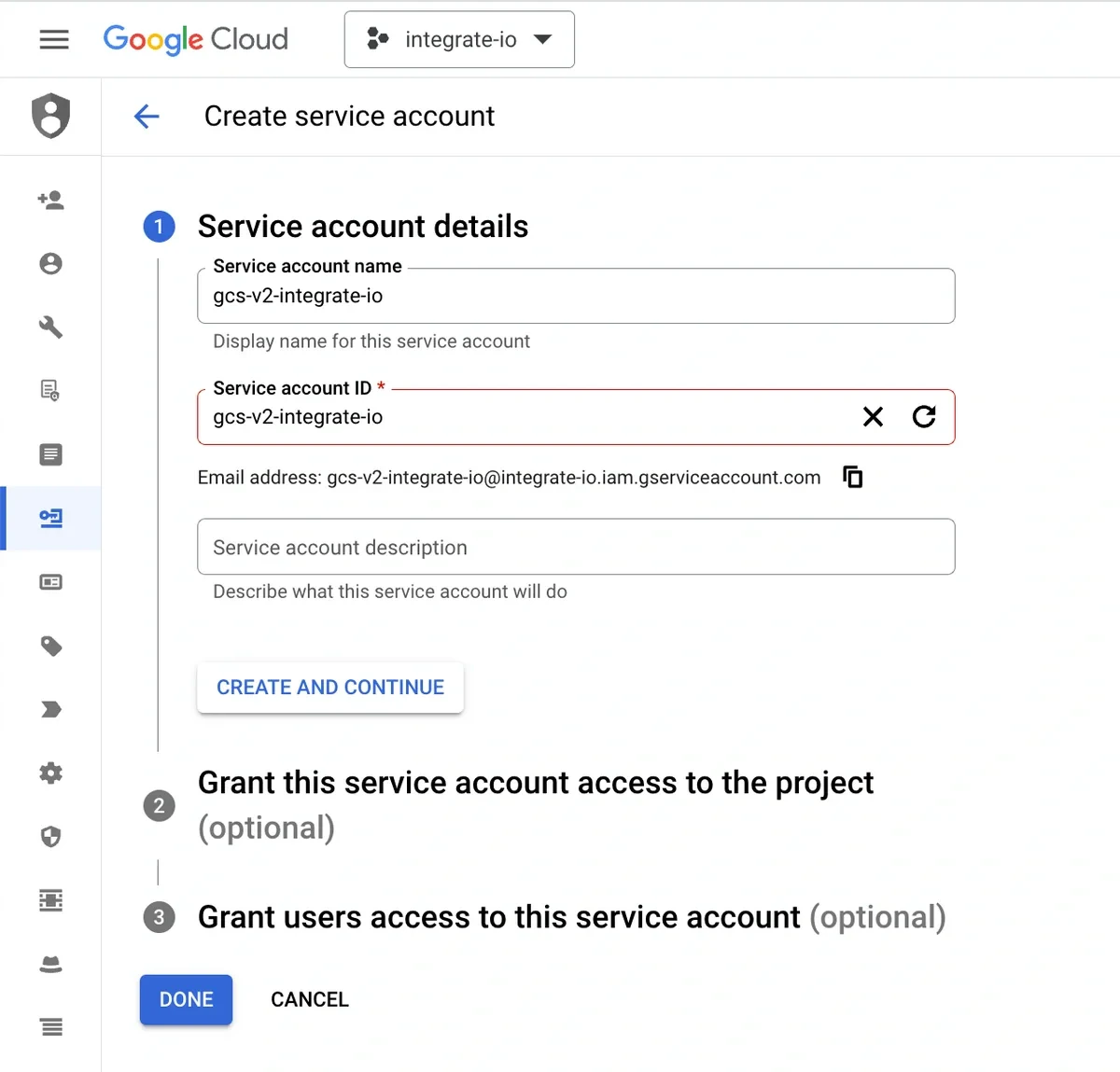 Google Cloud Console service account creation form