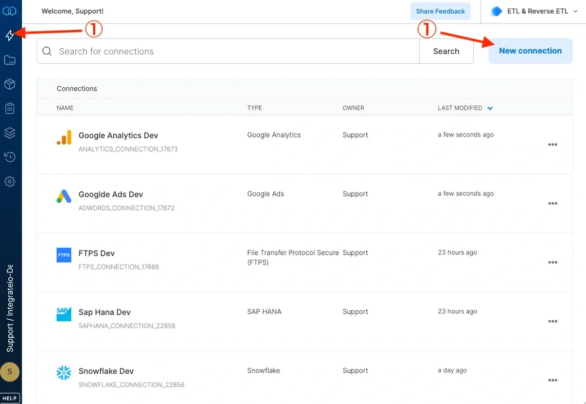New connection button in the Connections menu