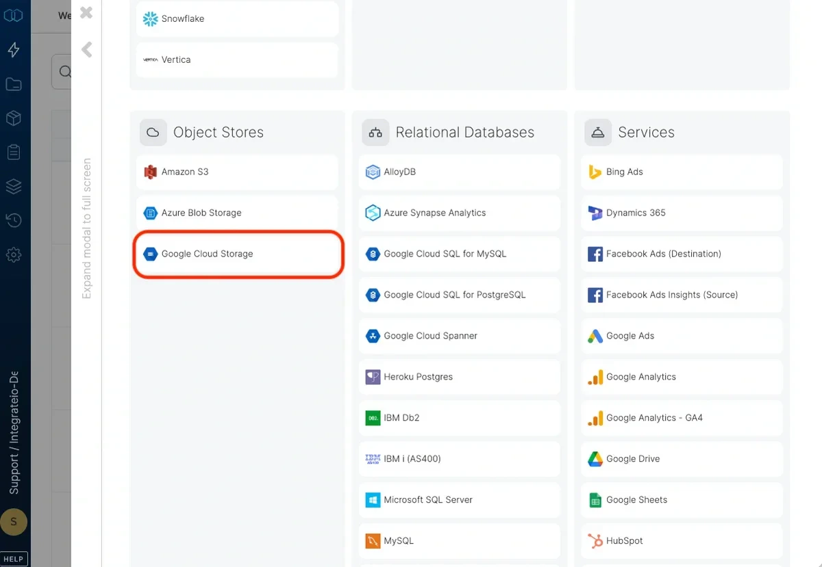 Selecting Google Cloud Storage from the connection type list