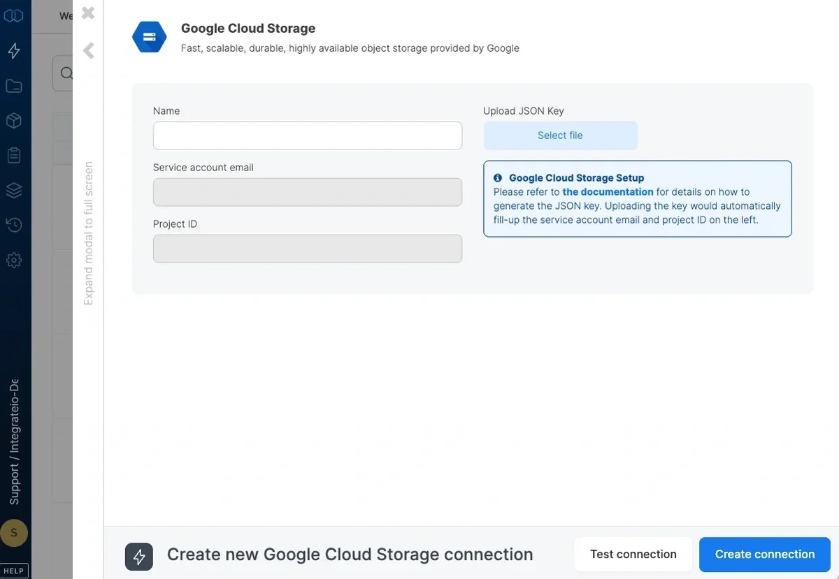 Google Cloud Storage connection form with JSON key upload