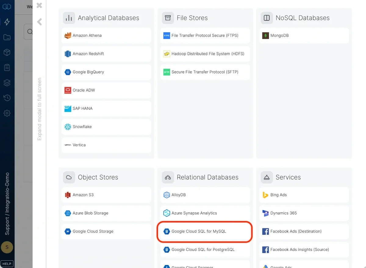 Selecting Google Cloud SQL for MySQL as the connection type