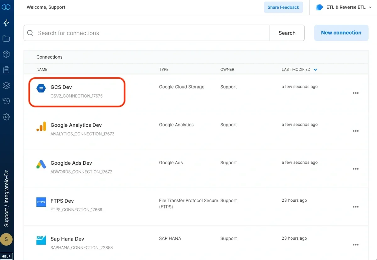 Google Cloud Storage connection created and listed in connections
