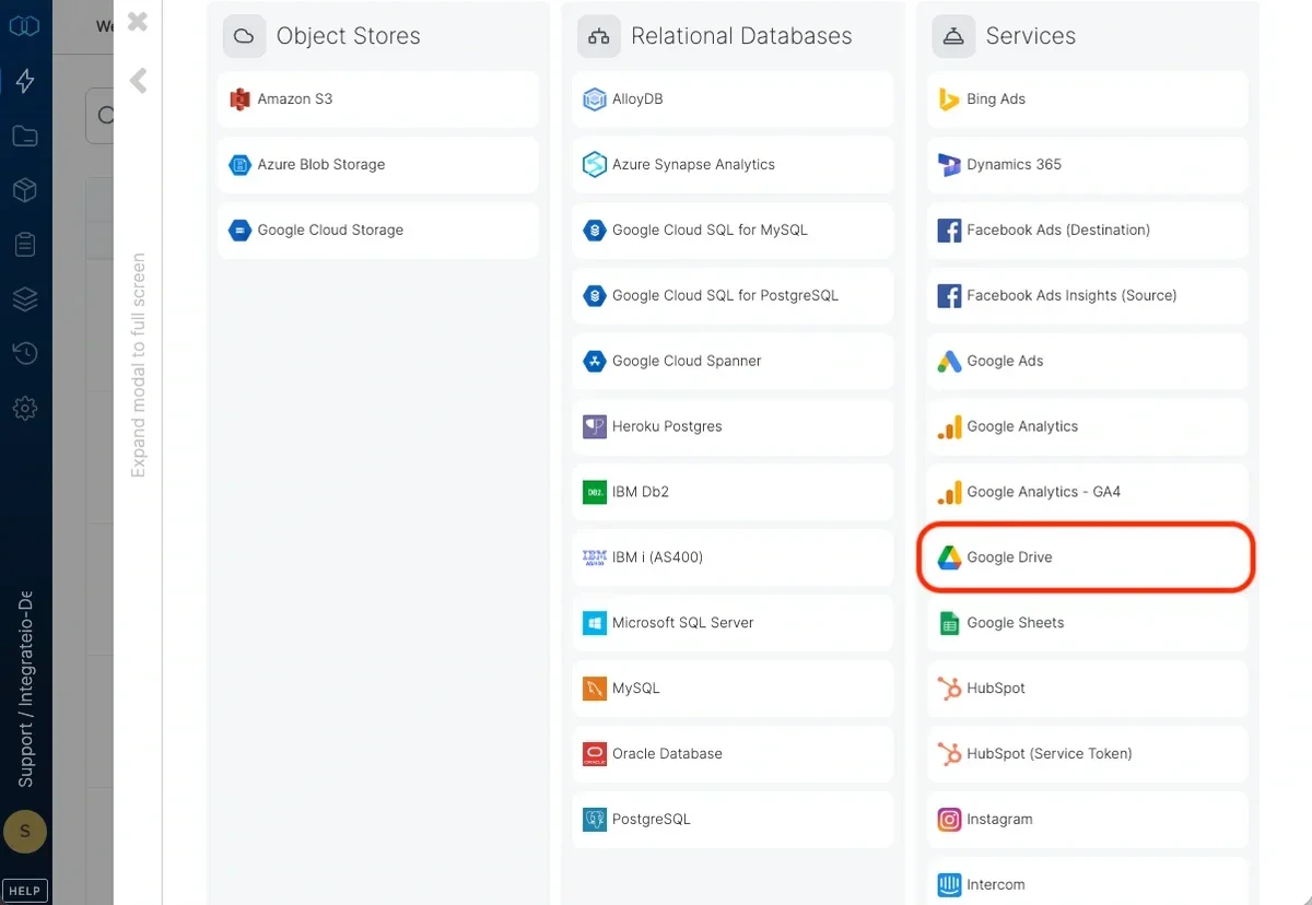 Selecting Google Drive from the connection type list