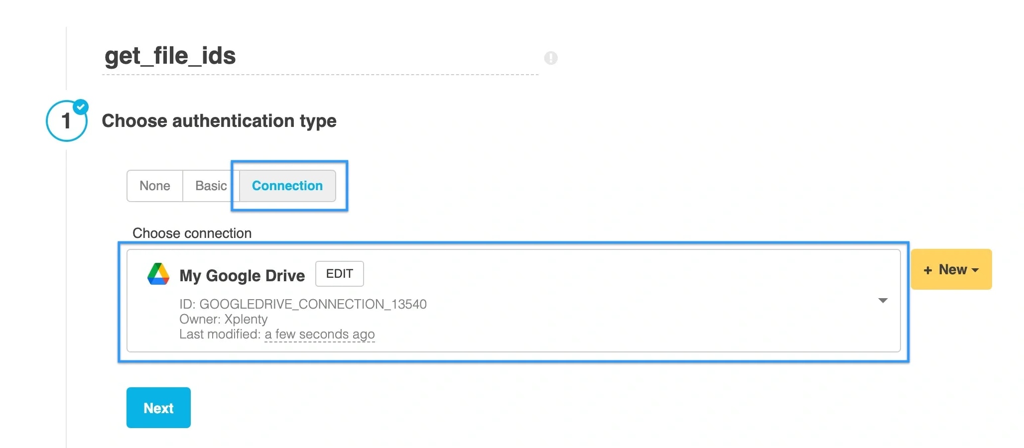 REST API component authentication with Google Drive connection selected