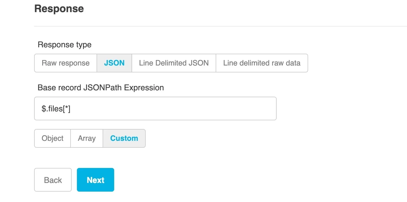 JSON response with base record JSONPath expression for files