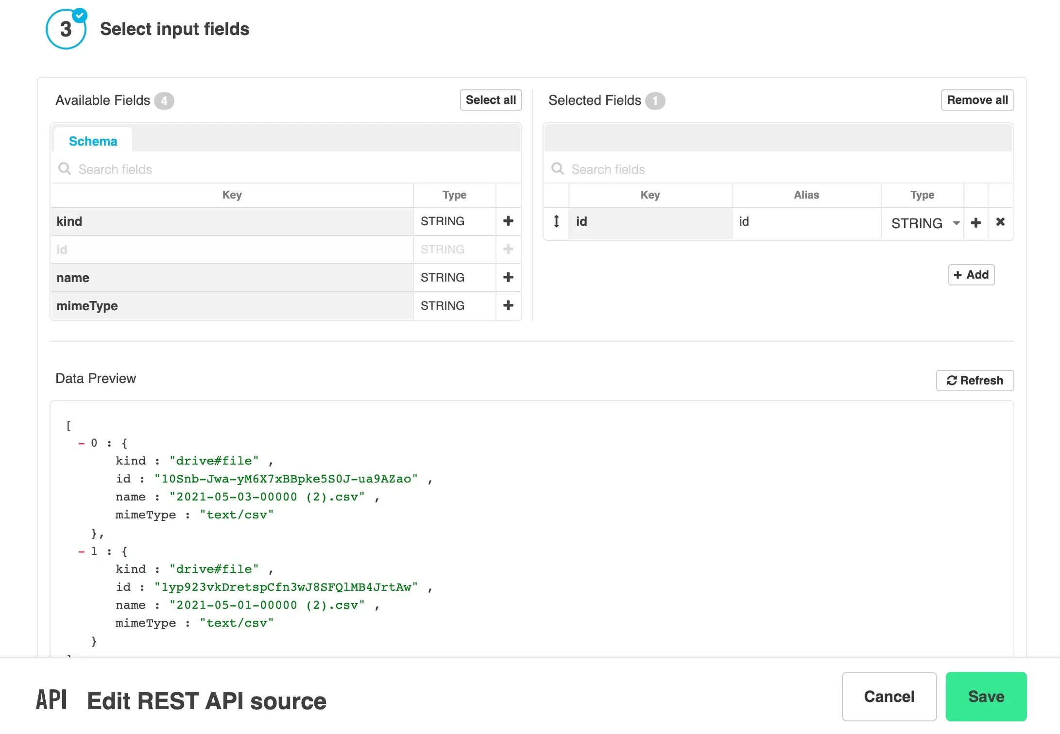 Input fields with id field moved to selected fields