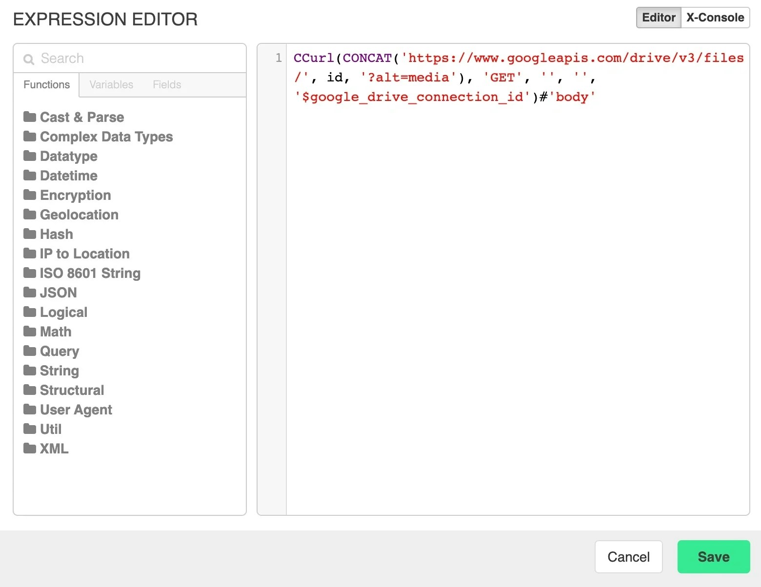 CCurl expression using Google Drive connection ID
