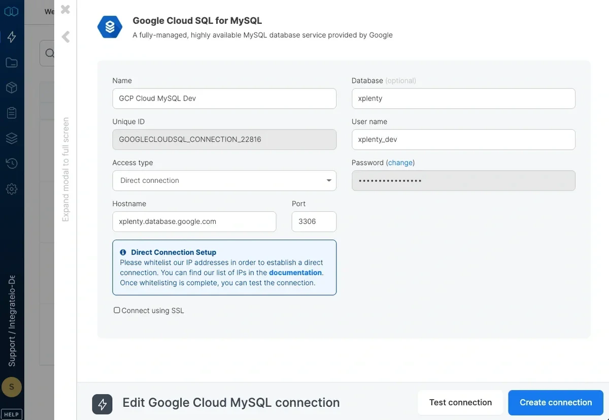 Completed Google Cloud SQL for MySQL connection configuration form
